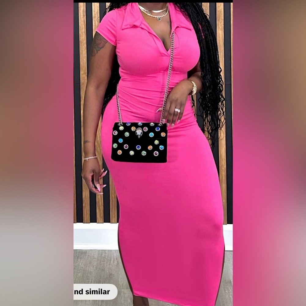 Bodycon, Short Sleeve Long Dress, hot pink, side split, Size Large (8-10).